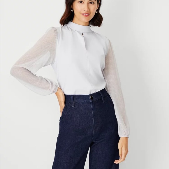 Ann Taylor Gray/ Blue Mock Neck Blouse - Picture 1 of 5